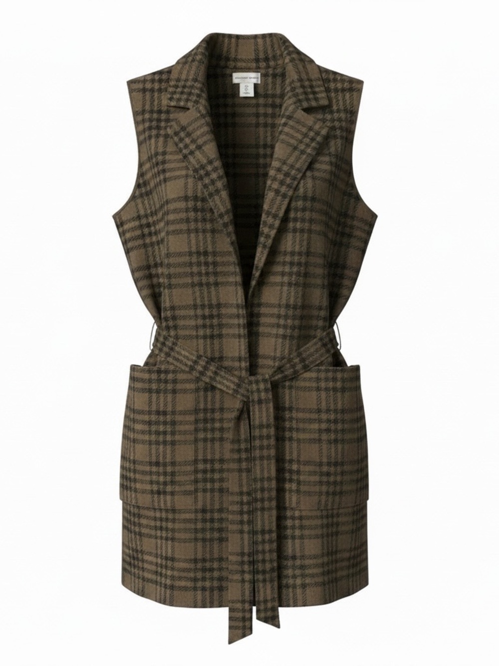 Adrienne Vittadini Brown Plaid Sleeveless Belted Cardigan Vest - Picture 2 of 5